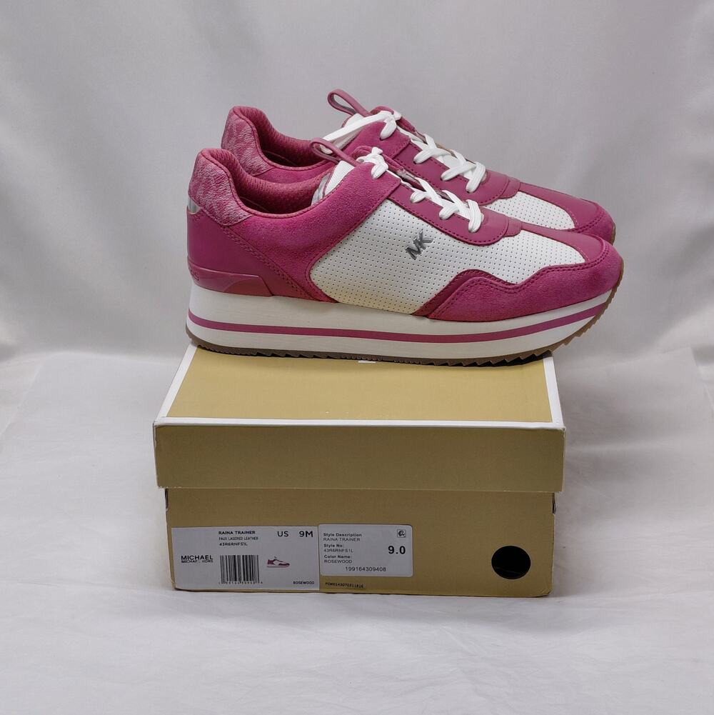 Michael Kors Womens Platform Sneakers Size 9 Pink White Logo Sporty Athleisure